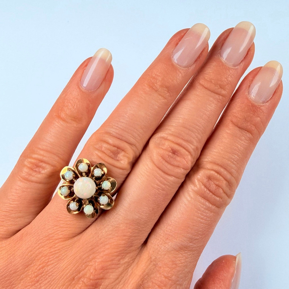 Estate 14K Solid Yellow Gold Australian Opal Vintage Atomic Retro Cocktail Ring - Picture 3 of 12